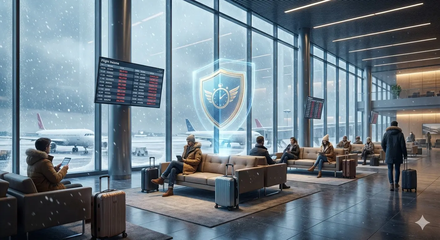 Winter Airport Delay Scene + Insurance Protection